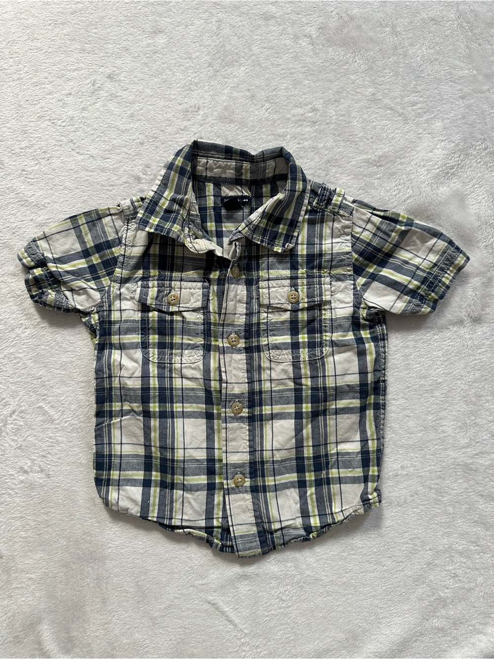 Baby Gap Plaid Short Sleeve Button Up Shirt White Blue Boys Size 18-24 Months